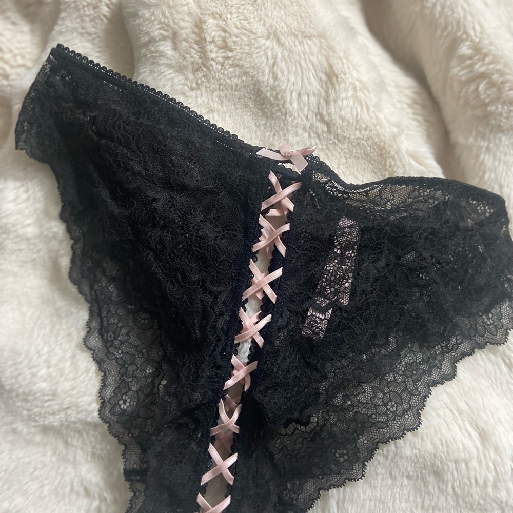 Victoria's Secret Black Lace Panty with Pink Ribbon Detail